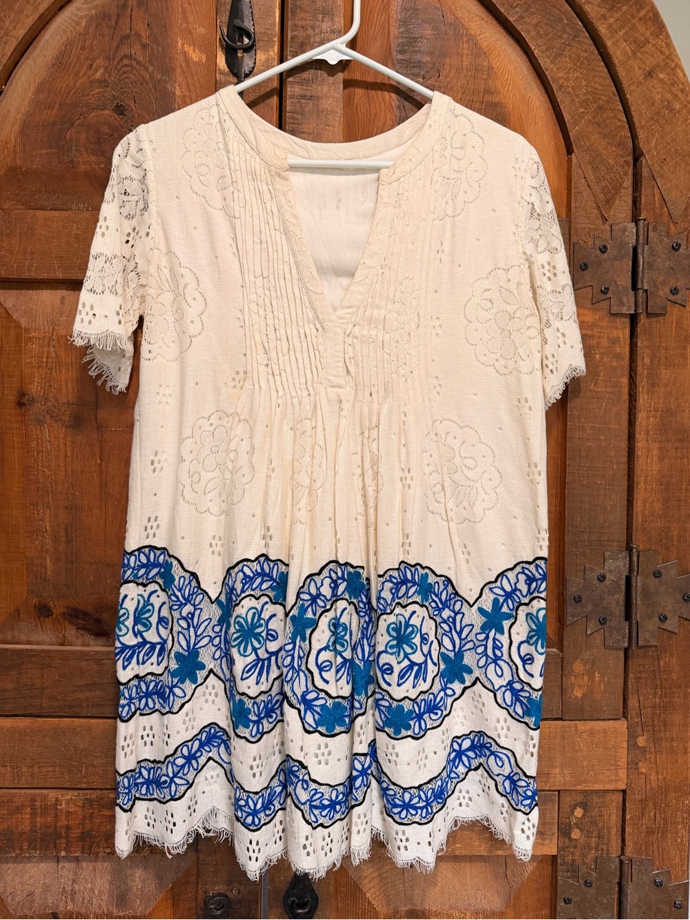 Boho Embroidered Cream Tunic Dress with Blue Accents